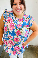Load image into Gallery viewer, Sky Blue Floral Yoke Flutter Sleeve Keyhole Back Top
