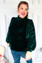 Load image into Gallery viewer, Under the Lights Green Velvet & Sequin Frill Mock Neck Top