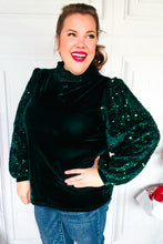 Load image into Gallery viewer, Under the Lights Green Velvet & Sequin Frill Mock Neck Top