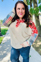 Load image into Gallery viewer, Feeling Femme Oatmeal Plaid Floral Color Block Notch Neck Top