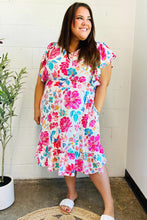 Load image into Gallery viewer, Hello Beautiful Ivory & Fuchsia Floral Sequin Smock Waist Midi Dress