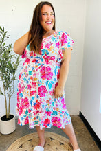 Load image into Gallery viewer, Hello Beautiful Ivory & Fuchsia Floral Sequin Smock Waist Midi Dress