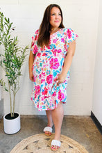 Load image into Gallery viewer, Hello Beautiful Ivory & Fuchsia Floral Sequin Smock Waist Midi Dress