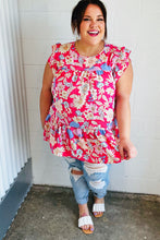 Load image into Gallery viewer, Fuchsia Floral Yoke Flutter Sleeve Back Neck Button Top