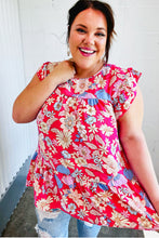 Load image into Gallery viewer, Fuchsia Floral Yoke Flutter Sleeve Back Neck Button Top