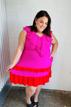 Load image into Gallery viewer, Fuchsia Ruffle V Neck Crepe Tiered Midi Dress