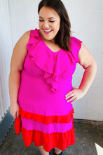 Load image into Gallery viewer, Fuchsia Ruffle V Neck Crepe Tiered Midi Dress
