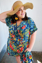 Load image into Gallery viewer, Navy Tropical Floral Surplice Romper
