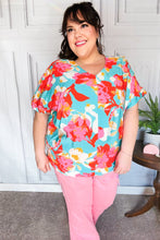 Load image into Gallery viewer, Weekend Ready Aqua & Coral Floral V Neck Woven Top
