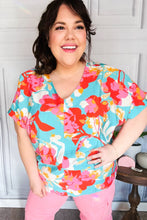Load image into Gallery viewer, Weekend Ready Aqua & Coral Floral V Neck Woven Top
