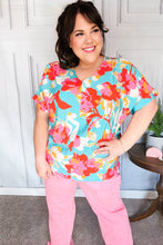 Load image into Gallery viewer, Weekend Ready Aqua & Coral Floral V Neck Woven Top