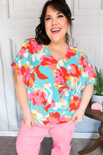 Load image into Gallery viewer, Weekend Ready Aqua & Coral Floral V Neck Woven Top