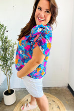 Load image into Gallery viewer, All For You Aqua Tropical Print Frill Notch Neck Puff Sleeve Top
