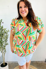 Load image into Gallery viewer, Hello Beautiful Green & Orange Geo Frill Notch Neck Puff Sleeve Top