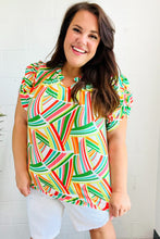 Load image into Gallery viewer, Hello Beautiful Green & Orange Geo Frill Notch Neck Puff Sleeve Top