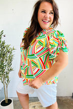 Load image into Gallery viewer, Hello Beautiful Green & Orange Geo Frill Notch Neck Puff Sleeve Top