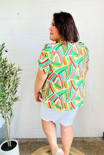 Load image into Gallery viewer, Hello Beautiful Green & Orange Geo Frill Notch Neck Puff Sleeve Top
