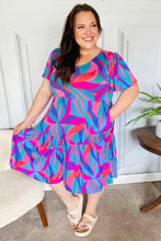 Load image into Gallery viewer, Remember Me Blue & Fuchsia Geo Print V Neck Dress