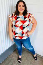 Load image into Gallery viewer, Burnt Orange Geo Print Smocked Ruffle Frill Sleeve Top