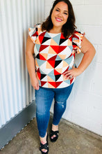 Load image into Gallery viewer, Burnt Orange Geo Print Smocked Ruffle Frill Sleeve Top