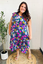 Load image into Gallery viewer, Diva Dreams Navy & Lilac Floral Fit & Flare Midi Dress