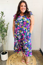 Load image into Gallery viewer, Diva Dreams Navy & Lilac Floral Fit & Flare Midi Dress