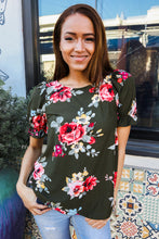 Load image into Gallery viewer, Flower Power Moss Green Floral Print Ruffle Puff Sleeve Top