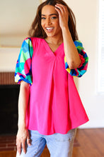 Load image into Gallery viewer, Tell Your Story Fuchsia Geo Print Puff Sleeve V Neck Top