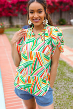 Load image into Gallery viewer, Hello Beautiful Green & Orange Geo Frill Notch Neck Puff Sleeve Top