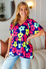 Load image into Gallery viewer, Sunny Days Navy Flat Floral Bubble Sleeve Babydoll Top