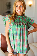 Load image into Gallery viewer, Live For Today Green Plaid Shirred Yoke Flutter Sleeve Top