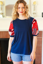 Load image into Gallery viewer, Stand-Out Navy Patriotic Patchwork Puff Sleeve Top