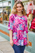 Load image into Gallery viewer, Diva Pink & Blue Floral Print Babydoll Bell Sleeve Top