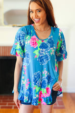 Load image into Gallery viewer, Feeling Playful Blue Floral Ruffle Sleeve & Hem Tunic Top