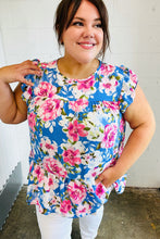 Load image into Gallery viewer, Sky Blue Floral Yoke Flutter Sleeve Keyhole Back Top