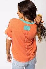 Load image into Gallery viewer, Lovesoft - Grapefruit Orange Contrast Trim Exposed Seam V Neck T-shirt