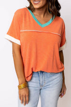Load image into Gallery viewer, Lovesoft - Grapefruit Orange Contrast Trim Exposed Seam V Neck T-shirt