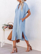 Load image into Gallery viewer, Elanora - Shirt Midi Dress Light Sky Blue V-Neck Short Sleeves Dress