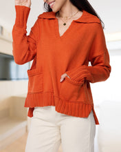 Load image into Gallery viewer, Suhkasana - Orange V Neck Collared Knit Sweater with Front Pockets