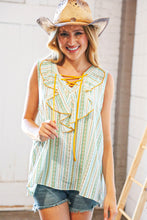 Load image into Gallery viewer, Mint Boho Vertical Stripe Laced Ruffle V Neck Top
