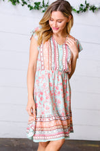 Load image into Gallery viewer, Sage Boho Floral Button Detail V Neck Ruffle Dress
