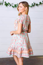 Load image into Gallery viewer, Sage Boho Floral Button Detail V Neck Ruffle Dress
