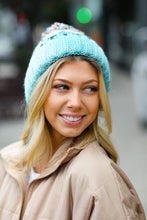 Load image into Gallery viewer, Teal Multicolor Cable Knit Pom-Pom Beanie
