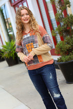 Load image into Gallery viewer, What I Like Rust/Charcoal Two Tone Knit Plaid V Neck Top
