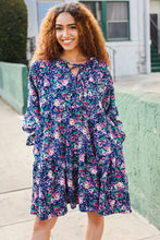 Load image into Gallery viewer, Feeling Joyful Navy Floral Bow Tie Babydoll Long Ruffle Sleeve Dress
