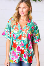 Load image into Gallery viewer, Emerald &amp; Mauve V Neck Dolman Cuffed Short Sleeve Top
