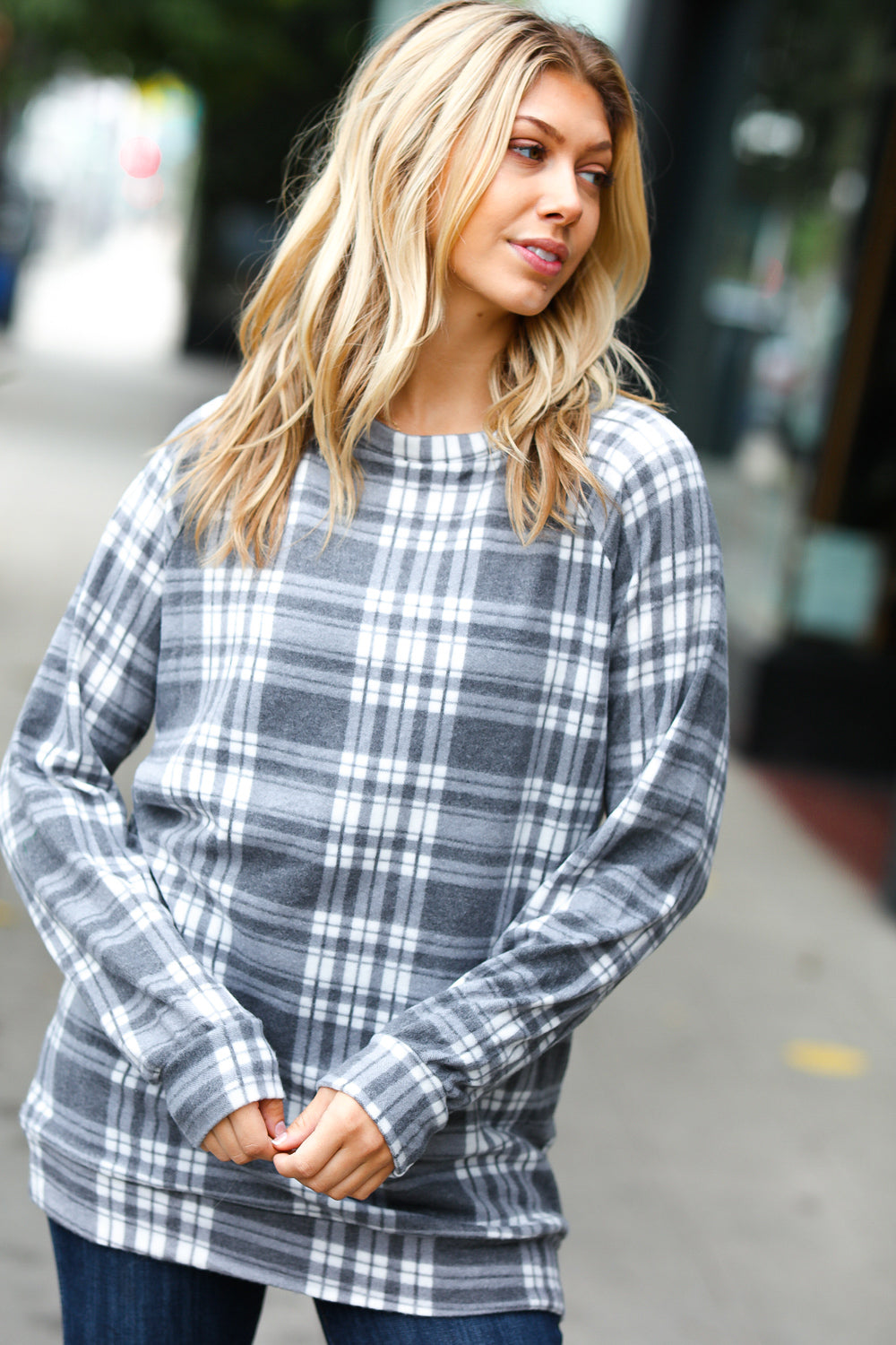 Cozy Grey Plaid Double Brushed Hacci Pullover