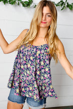 Load image into Gallery viewer, Navy Floral Ruffle Hem Sleeveless Top
