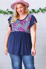 Load image into Gallery viewer, Navy Floral Yoke Babydoll Rib Flutter Sleeve Top
