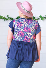 Load image into Gallery viewer, Navy Floral Yoke Babydoll Rib Flutter Sleeve Top

